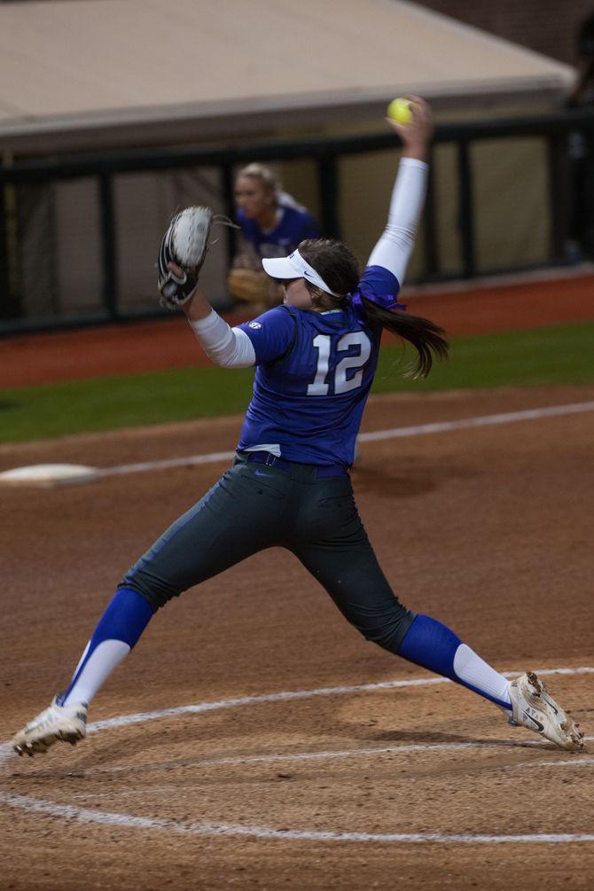 LSU freshman pitcher Sydney Smith (12) pitching during LSU's 9-0 victory against University of North Florida on Friday, Feb. 12, 2016 at Tiger Park