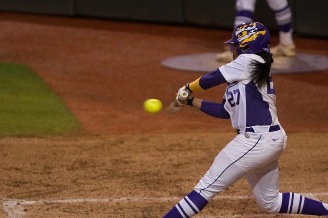 LSU senior infielder Bianka Bell (27) bats during LSU's 6-2 victory against the University of Alabama on March 11, 2016 at Tiger Park