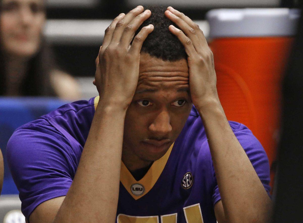 LSU's Tim Quarterman watches the final moments of the second half of an NCAA college basketball game against Texas A&amp;M in the Southeastern Conference tournament in Nashville, Tenn., Saturday, March 12, 2016. Texas A&amp;M won 71-38. (AP Photo/John Bazemore)