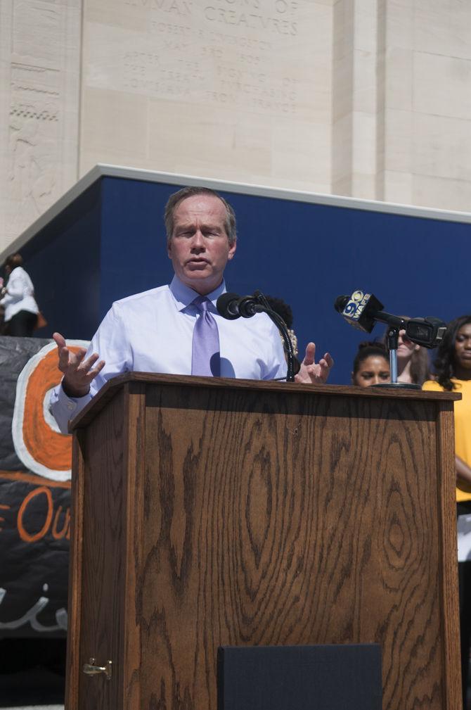 LSU President F. King Alexander speaking at a rally protesting cuts to higher education funding on the steps of the State Capitol Building on Feb. 19, 2016.