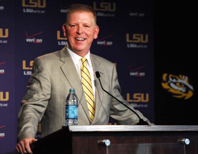 Former Baltimore Ravens offensive coordinator Cam Cameron discusses his plans for the LSU football team at a press conference on Feb. 15, 2013, at the Athletic Administration Building. LSU football head coach Les Miles announced Cameron as the team's new offensive coordinator.