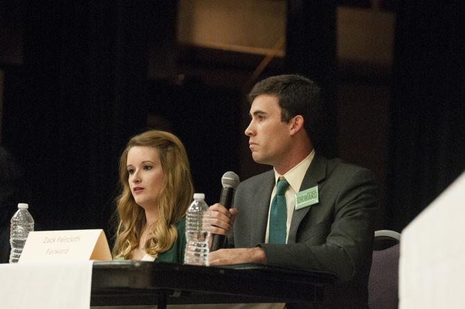 LSU electrical engineering junior and student body presidential candidate, Zach Faircloth, and child and family studies junior and vice presidential candidate, Lindsey Landry, of the Forward 2016 campaign participate in the Student Government debate on March 3, 2016 held in the Union Ballroom.