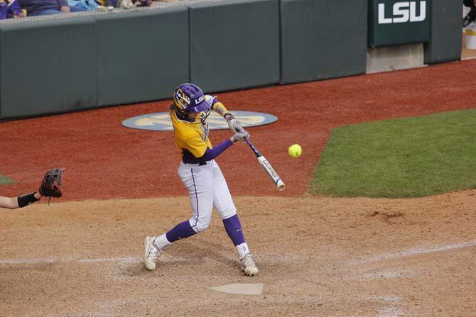 LSU Freshman infield Amber Serrett (17) hits the ball during the Tigers' 5-3 victory against Texas Tech on Sunday February 28, 2016 at Tiger Park.