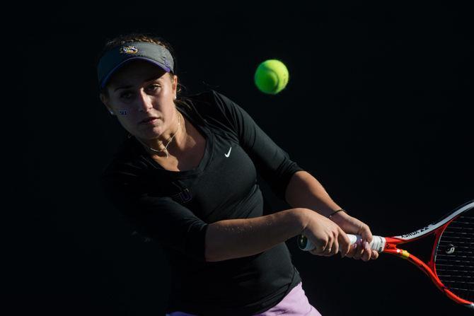 LSU senior Ella Taylor playing a singles match during LSU's 5-2 victory against Arizona on Friday, Feb. 26, 2016 at the LSU Tennis Complex