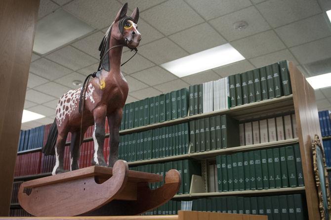 'Warrior', a wooden sculpture by Baton Rouge-based artist Jim Jeansonne, sits on display as part of the 'Animals in Art International Exhibition' &#8212; opening on March 19, 2016, in the Veterinary Medicine Library.