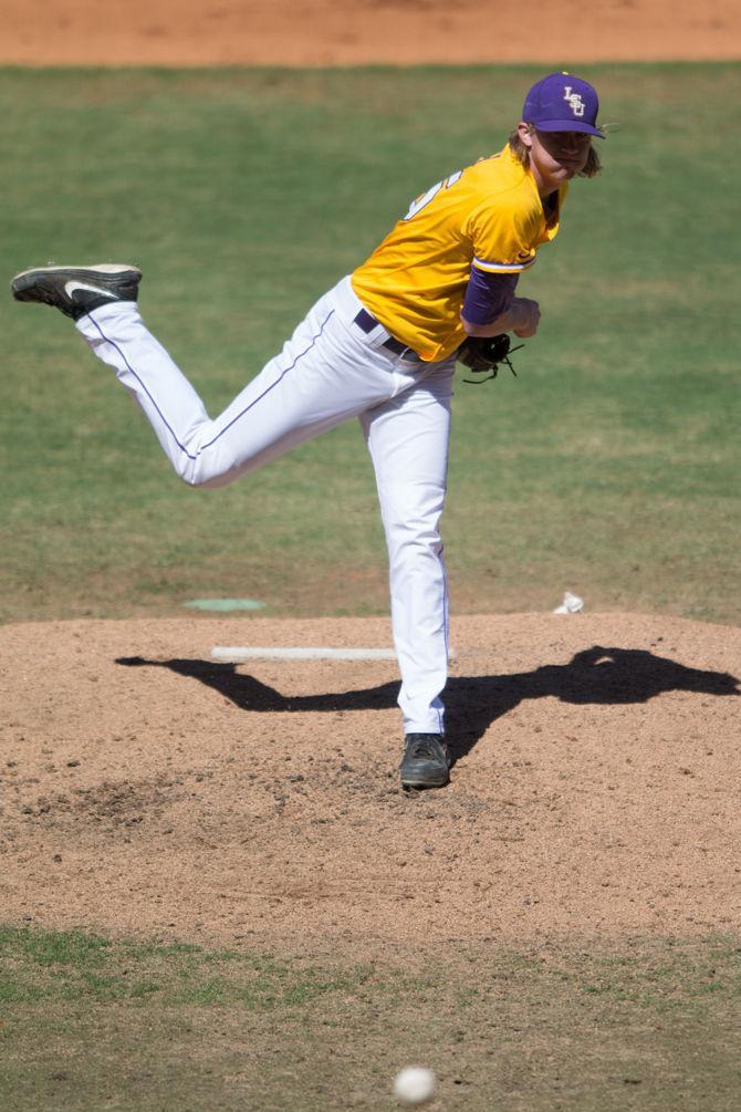 LSU junior pitcher Hunter Newman (55) during LSU's 7-5 victory against the University of Alabama on Sunday, March 20, 2016 at Aleb Box Stadium