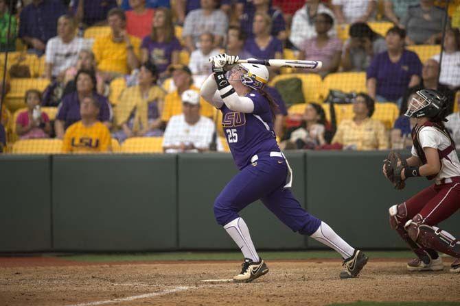 LSU freshman pitcher Allie Walljasper (25) traks the ball after hitting during the Tigers' 10-2 victory against Oklahoma Saturday, March 21, 2015 in Tiger Park.