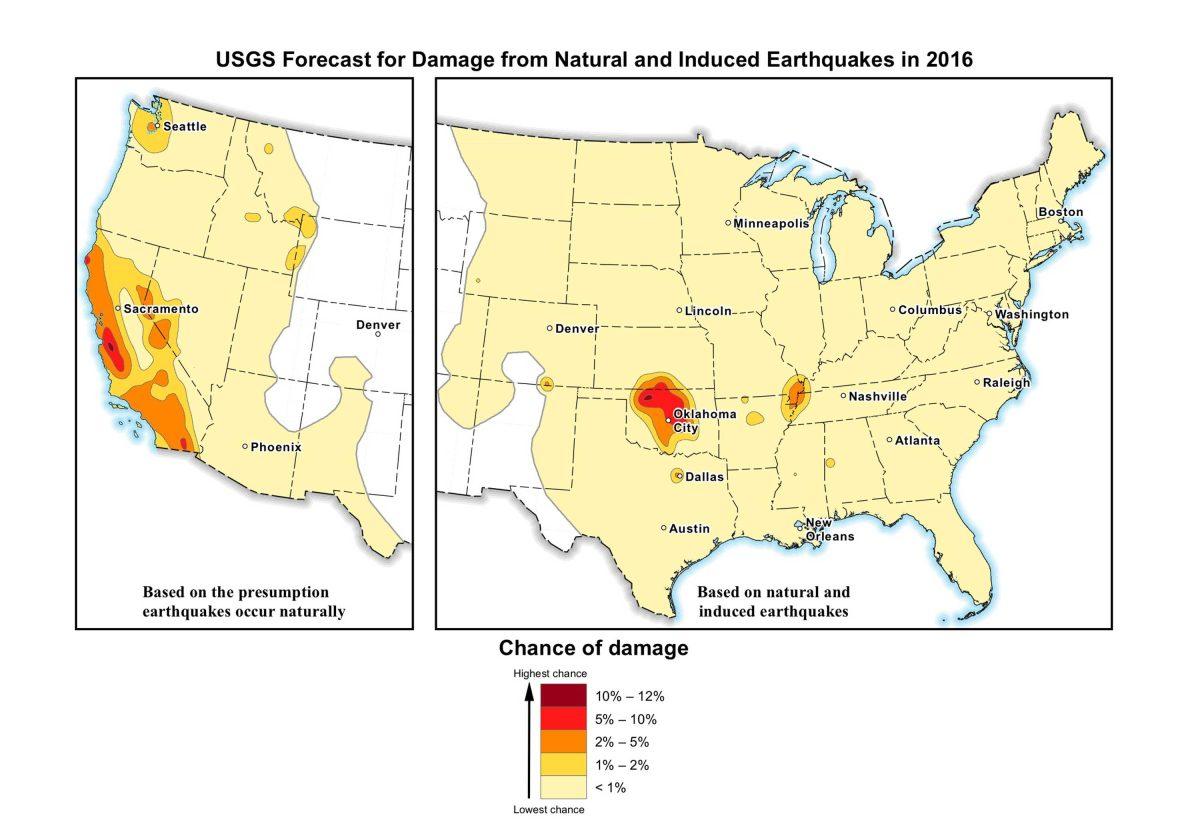 This image provided by the U.S. Geological Survey (USGS) shows the USGS forecast for damage from natural and induced earthquakes in the U.S. in 2016. Federal scientists say the chance of damaging earthquakes hitting east of the Rockies has increased significantly, much of it man-made as byproduct of drilling for energy. Oklahoma now has the nation&#8217;s highest with a 1 in 8 chance of damaging ground shaking in 2016, passing California. (U.S. Geological Survey via AP)