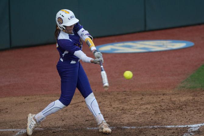 LSU freshman infielder Amber Serrett (17) bats during LSU's 2-0 victory against the Nicholls State University on Tuesday, March 22, 2016 at Tiger Park