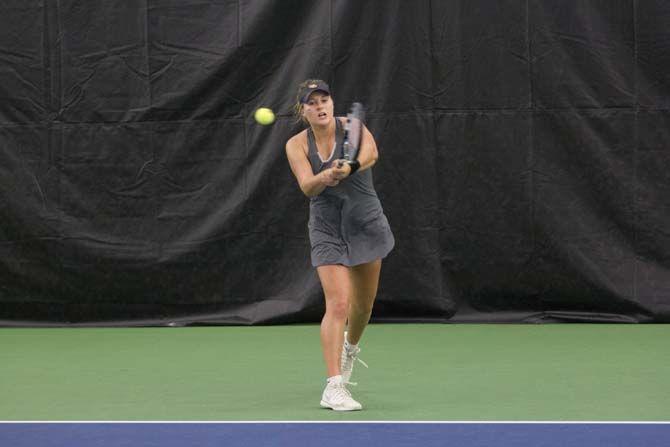 Freshman, Jessica Golovin, returns the ball against Ole Miss on Friday, March 11, 2016 at the LSU Tennis Complex.