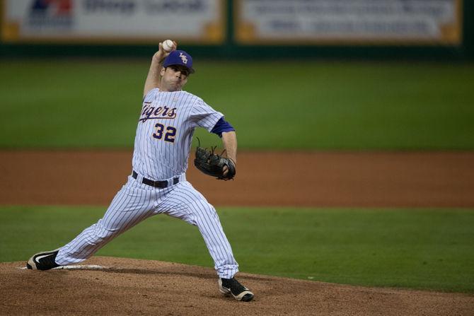 LSU junior pitcher Alden Cartwright (32) pitches during LSU's 6-3 win against Louisiana Tech on Tuesday, March 8, 2016 at Alex Box Stadium