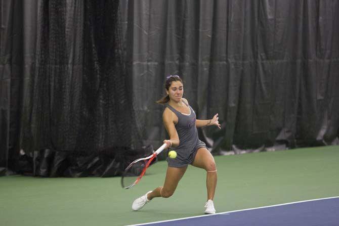 Junior, Joana Vale Costa, returns the ball against Ole Miss on Friday, March 11, 2016 at the LSU Tennis Complex.