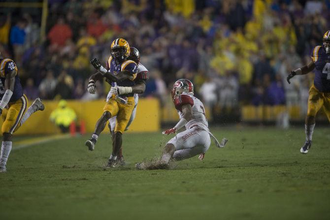 LSU freshman defensive back Donte Jackson (1) runs an interception during the Tigers&#8217; 48- 20 victory against Western Kentucky on Saturday, Oct. 24, 2015 in Tiger Stadium.