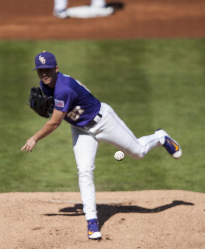 LSU senior pitcher John Valek III (27) pitches the ball on Saturday, March 5, 2016, during the Tigers' 15-1 win against Fordham at Alex Box Stadium.