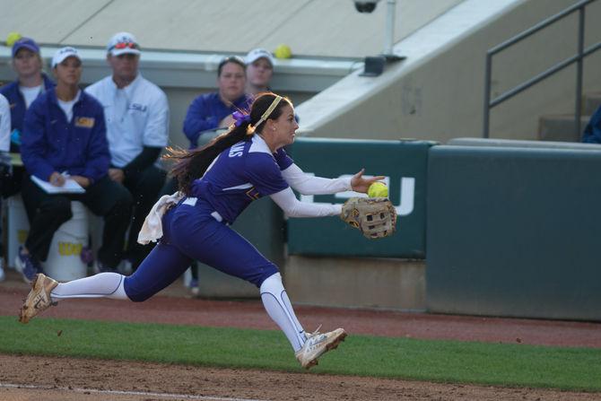 LSU senior infielder Sandra Simmons (3) catches a foul ball during LSU's 2-0 victory against the Nicholls State University on Tuesday, March 22, 2016 at Tiger Park