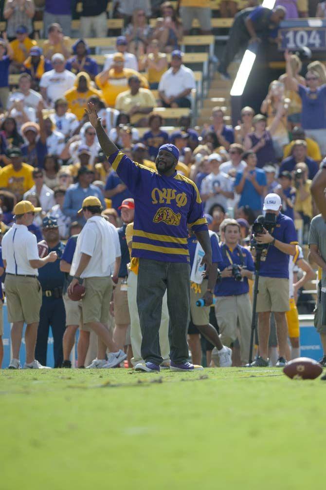 LSU athletic basketball hall of fame member Shaquille O'Neal visits the LSU vs Auburn football game on Saturday Sept. 19, 2015, in Tiger Stadium.