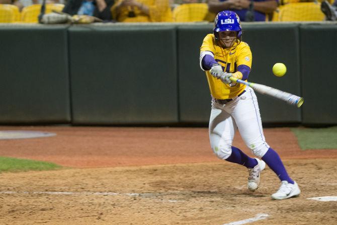 LSU sophmore outfielder Emily Griggs (8) bats during LSU's 0-2 defeat against the University of Kentucky on Monday, April 11, 2016 at Tiger Park