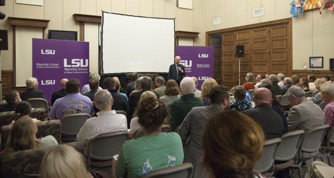 Dean Jerry Ceppos addresses the crowd before the showing of director Steve Mims' Starving the Beast: The Battle to Disrupt and Reform America's Public Universities on Monday, April 18, 2016 in Manship's Holliday Forum.