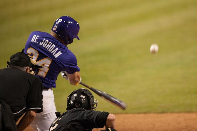 LSU sophmore outfielder Beau Jordan (24) bats during LSU's 3-2 victory against Vanderilt on Friday, April 8, 2016 at Alex Box Stadium