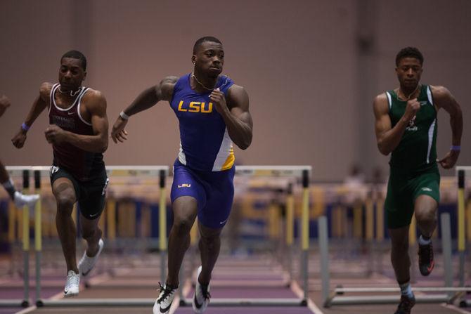 LSU junior Nethaneel Mitchell-Blake racing toward the finish line on Saturday, Feb. 13, 2016 in the Pete Maravich Assembly Center