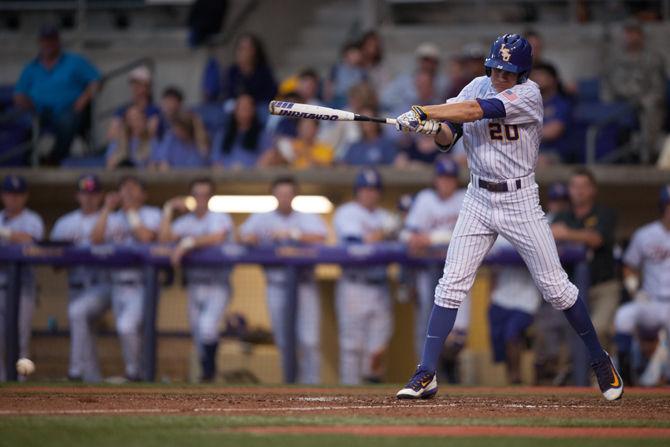 LSU frshman outfielder Antoine Duplantis (20) bats during LSU's 14-11 victory on Wednesday, April 13, 2016 at Alex Box Stadium