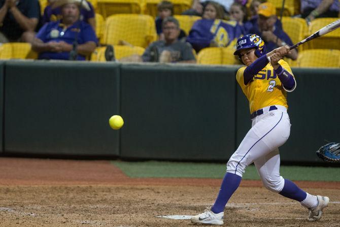 LSU junior infielder Sahvanna Jaquish (2) bats during LSU's 0-2 defeat against the University of Kentucky on Monday, April 11, 2016 at Tiger Park