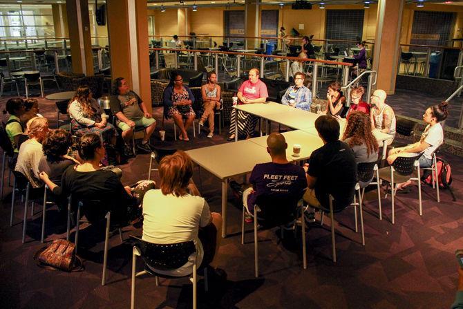 LSU students and community members gather to share stories of sexual assault and discuss sexuality in the LGBT community in the Live Oak Student Lounge on April 11, 2016.