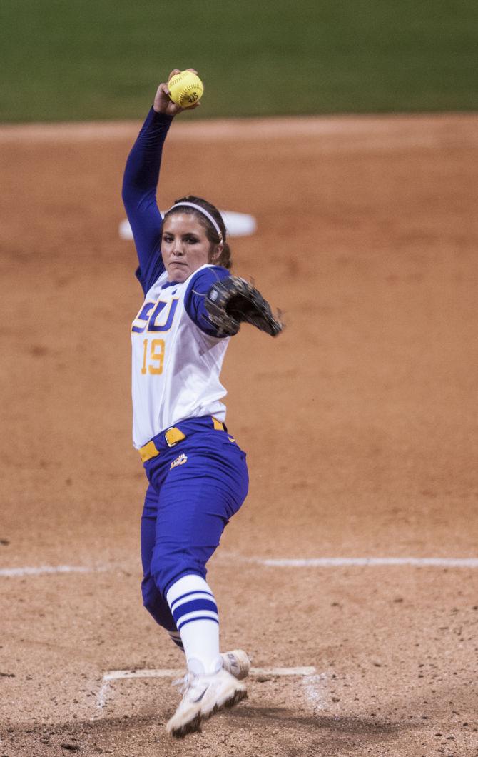 LSU junior pitcher Baylee Corbello (9) pitches during game two of the Tigers&#8217;1-0 victory against Longwood University on Tuesday, Mar. 8, 2016 in Tiger Park.