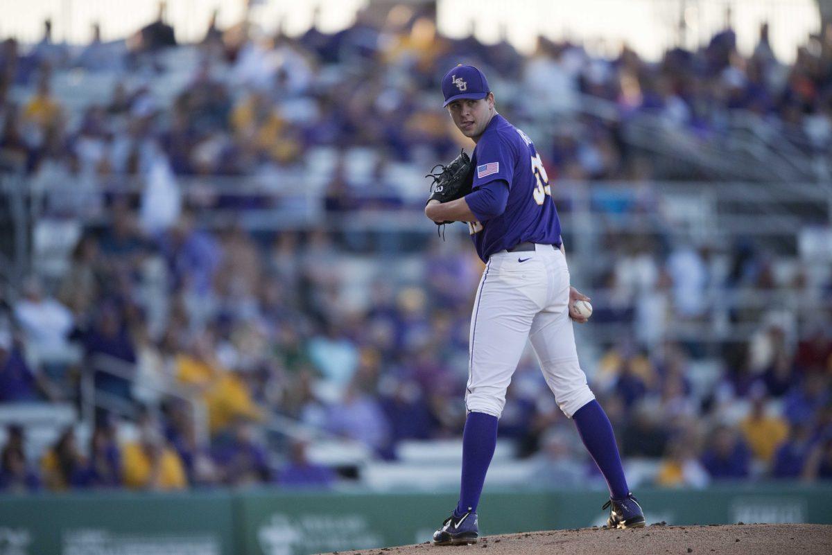 LSU Alex Lange (35) looks at first base during the Tigers' 7-3 victory against Kentucky on Saturday, March 28, 2015 in the Alex Box Stadium.