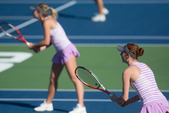 LSU Junior Abby Owens playing a doubles match with Senior Skylar Kuykendall during LSU's 5-2 victory against the Arizona Wildcats on Friday, Feb. 26, 2016 at the LSU Tennis Complex