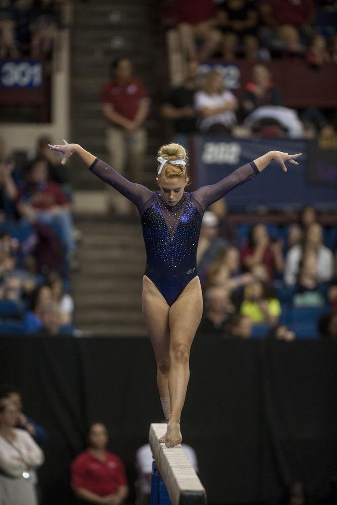 LSU freshman all-arounder Julianna Cannamela performs her beam routine during the Tigers' 197.4500 score for the second place in the National Championship on Saturday, Apr. 16, 2016 in Dallas Fort Worth.