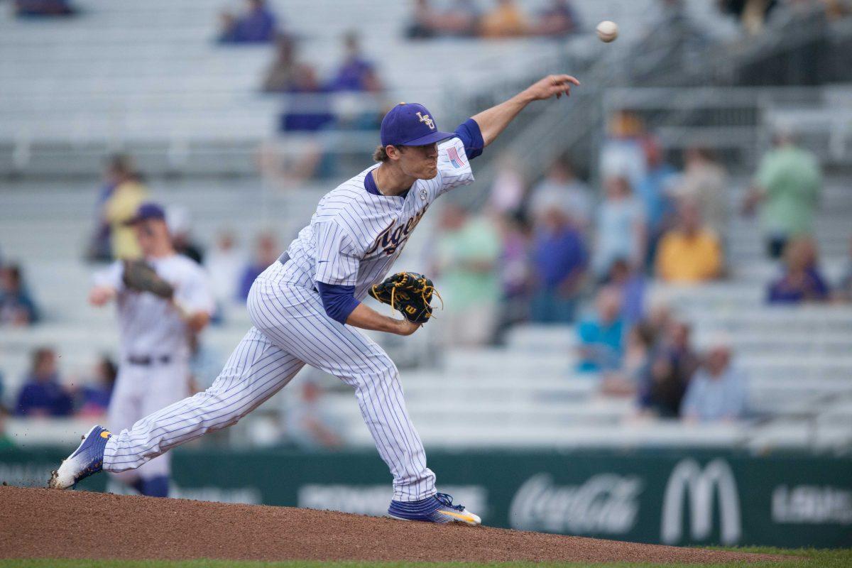 LSU freshman pitcher Jake Latz (67) pitches during LSU's 7-0 defeat on Tuesday, April 12, 2016 at Alex Box Stadium