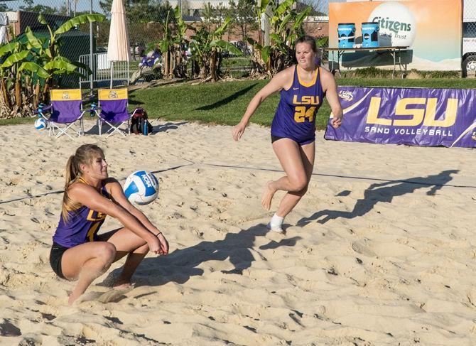 LSU sophomore Lilly Kessler (4) digs the ball during the Tigers' 5-0 defeat against Florida St. on Saturday, Apr. 02, 2016 at Mango's Beach Volleyball Club.