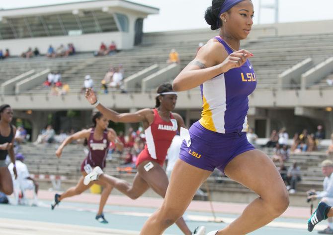 LSU senior Chanice Chase sprints during the Battle of the Bayou on Saturday, April 9, 2016 at Skip Bertman Stadium