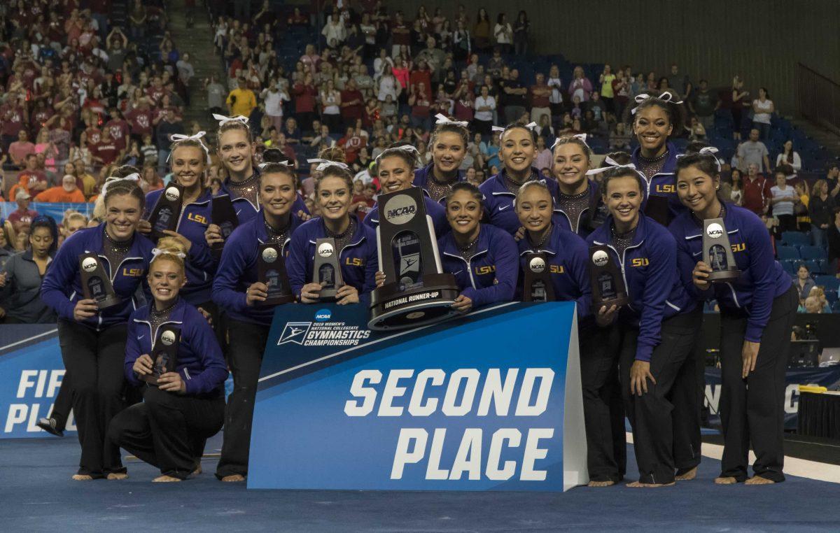 LSU during the Tigers' 197.4500 score for the second place in the National Championship on Saturday, Apr. 16, 2016 in Dallas Fort Worth.