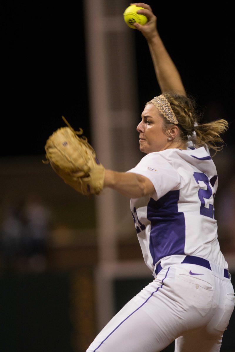 LSU sophmore pitcher Carley Hoover (21) pitches during LSU's 6-2 victory against the University of Alabama on March 11, 2016 at Tiger Park