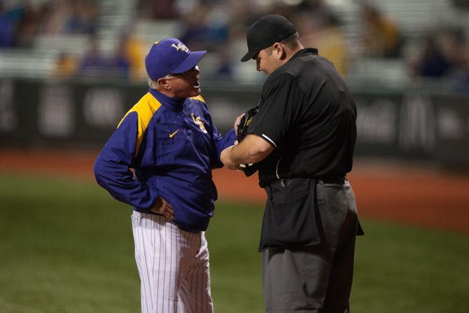 LSU head coach Paul Mainieri discusses a recent call with the referie during LSU's 6-3 win against Louisiana Tech on Tuesday, March 8, 2016 at Alex Box Stadium