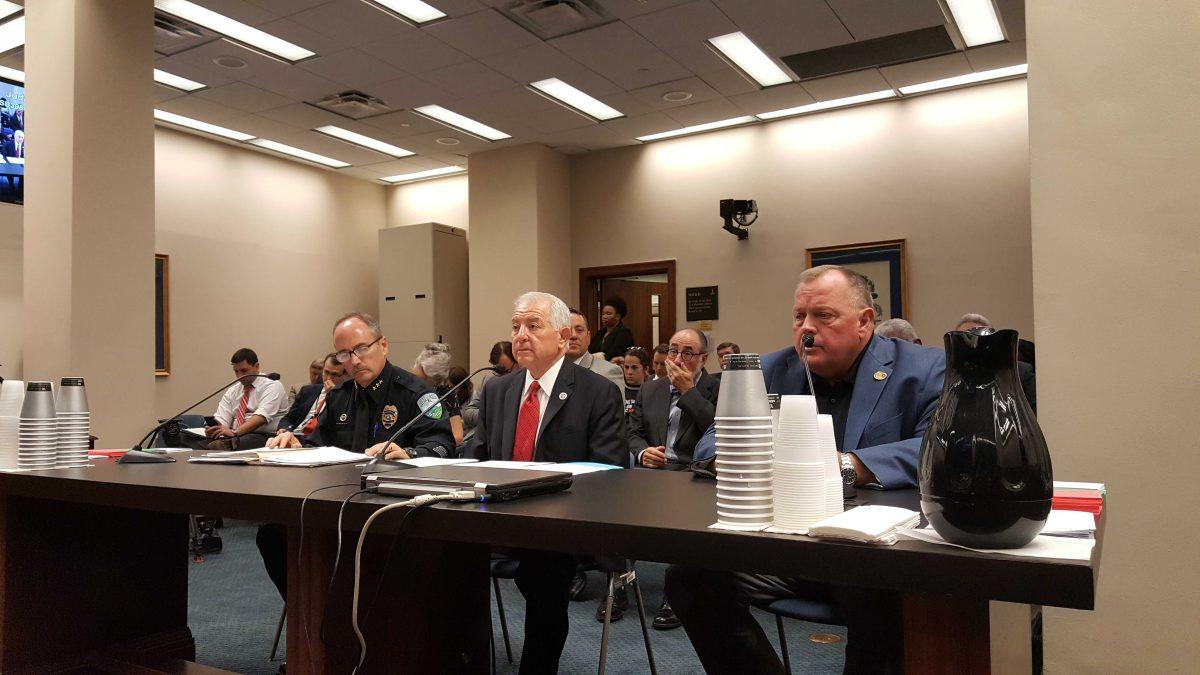 From left, Alexandria Police Chief Loren Lambert, Sen. Ronnie Johns, R-Lake Charles, and Lake Charles Police Chief Donald Dixon testify before Senate Judiciary B Committee Tuesday in support of exempting all body camera footage from public records requests. Johns, the bill&#8217;s sponsor, agreed to include less all-encompassing language before resubmitting it.