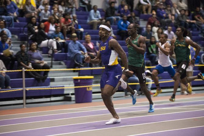 LSU junior Tremayne Acy participates in the 60 meter dash preliminaries during the Tigers' Track and Field Meet on Saturday, Jan. 16, 2015 in the B. Moore Track &amp; C. Maddox Field House.