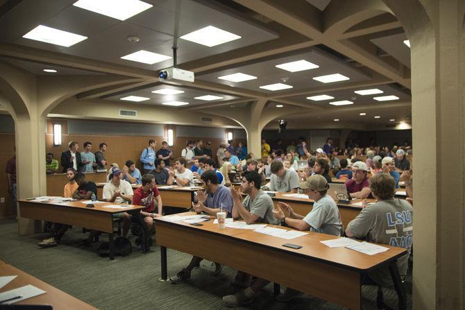 A committee from the LSU Dean of Students' office held a meeting on Wednesday, April 3, 2016, for students to voice their opinions on possible changes to the University's tailgating policies.