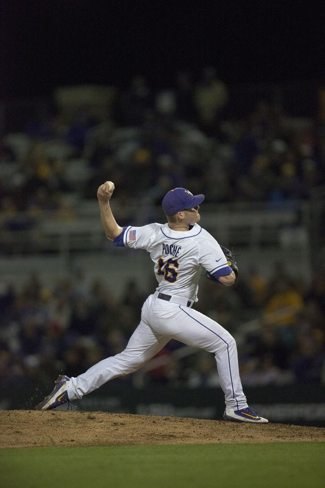 LSU junior pitcher Jared Poch&#233; (16) pitches during the Tigers' 6-0 victory against Sacramento St. on Friday, Feb. 26, 2016 in Alex Box Stadium.