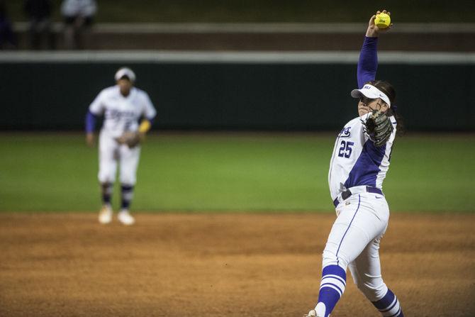 LSU sophomore pitcher Allie Walljasper (25) winds up for the pitch Wednesday, Feb. 24, 2016, during the Tigers' 5-0 victory against South Alabama in Tiger Park.