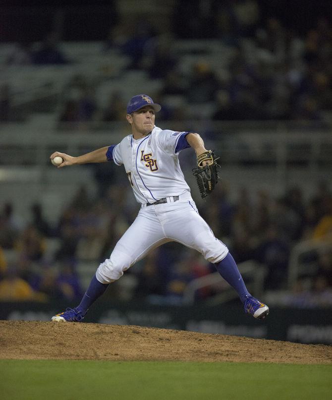 LSU sophomore pitcher Jesse Stallings (37) pitches during the Tigers' 6-0 victory against Sacramento St. on Friday, Feb. 26, 2016 in Alex Box Stadium.