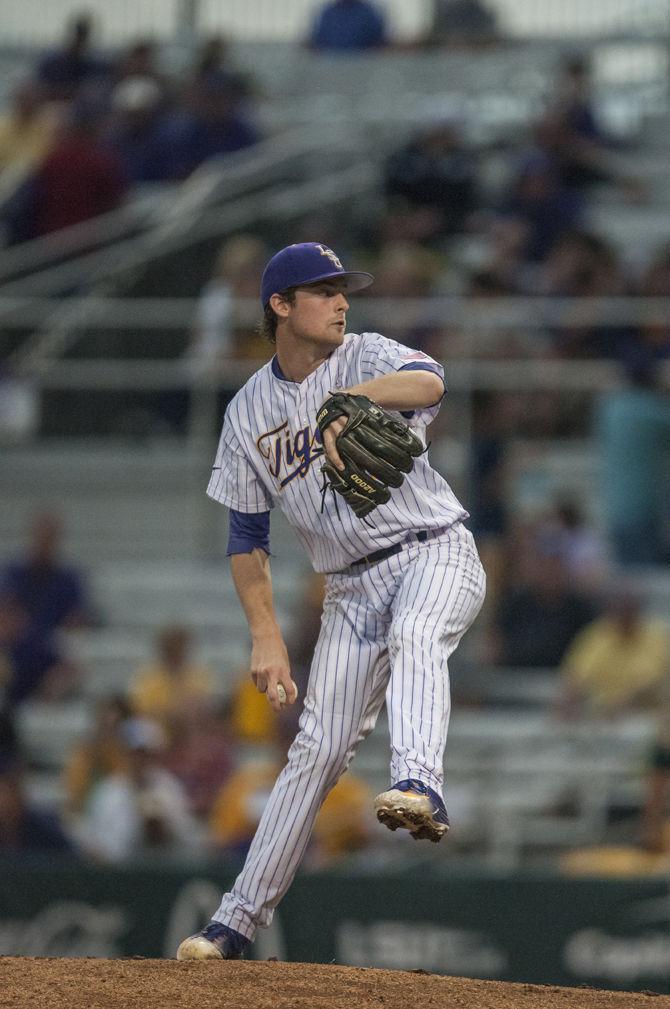 LSU sophomore pitcher Doug Norman (21) pitches the ball during the Tigers' game against Southeastern on April 20, 2016 in Alex Box Stadium