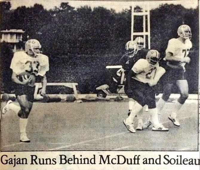 Hokie Gajan practices with teammates before the first 1979 regular season football game.