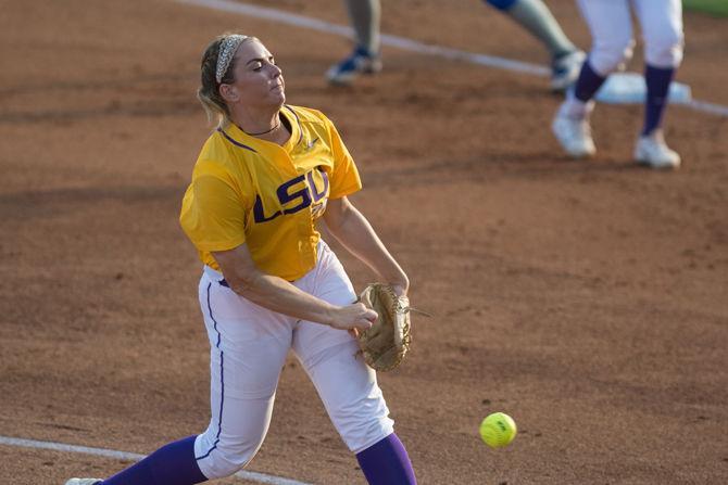 LSU sophmore pitcher Carly Hoover (21) pitches during LSU's 0-2 defeat against the University of Kentucky on Monday, April 11, 2016 at Tiger Park