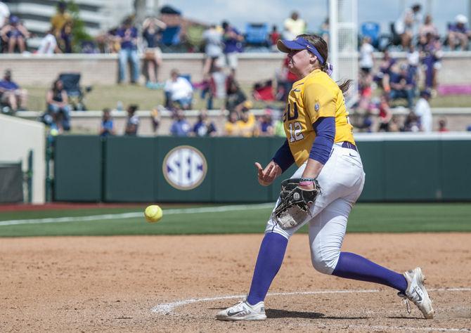 LSU freshman pitcher Sydney Smith (12) throws a pitch during the Tigers' 2-0 victory against South Carolina on Sunday, Apr. 24, 2016 in Tiger Park.