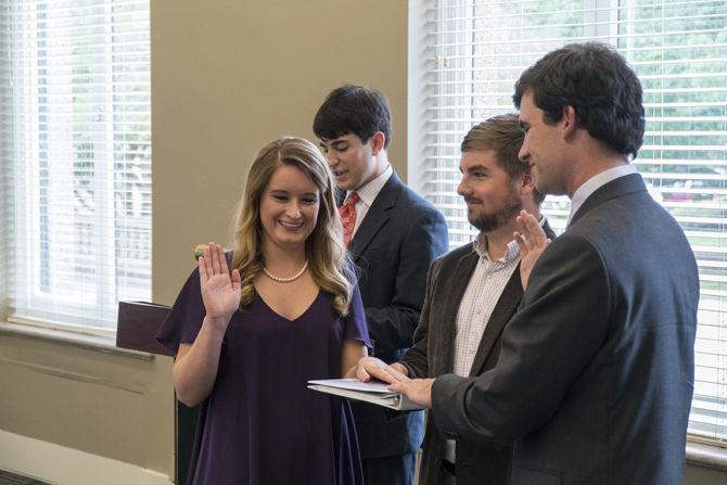 LSU engineering junior Zack Faircloth and junior child and family studies major Lindsey Landry are sworn in during the inauguration for the student government President and Vice President on Tuesday, Apr. 12, 2016 inside the Memorial Tower.