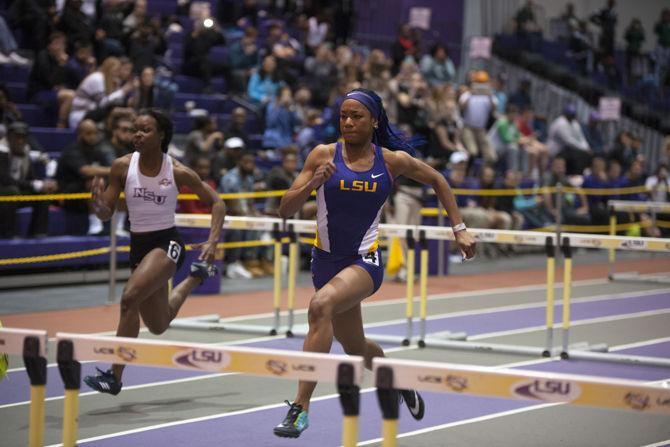 LSU LSU senior Chanice Chase competes within the hurdle event during the Tigers' Track and Field Meet on Saturday, Jan. 16, 2015 in the B. Moore Track &amp; C. Maddox Field House.