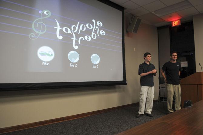 LSU almni Matthew and Michael Taranto presenting their video game Tadpole Treble at the video game symposium on Friday, April 22, 2016.